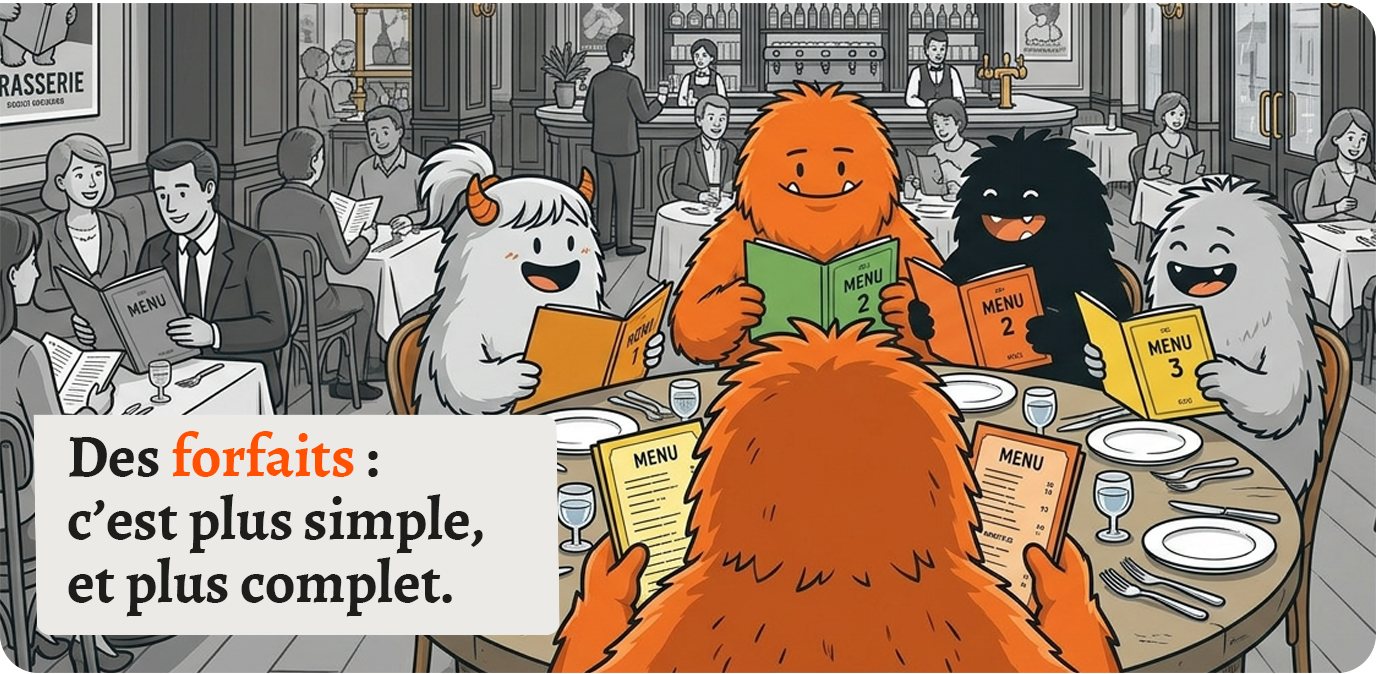 Des forfaits : c’est plus simple, et plus complet. Des wookies choisissent leur menu autour d’une table.